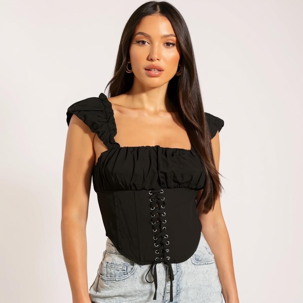 Princess Polly Black Corset Top Ruffle Sleeve Lace Up Bustier Y2K Cottagecore